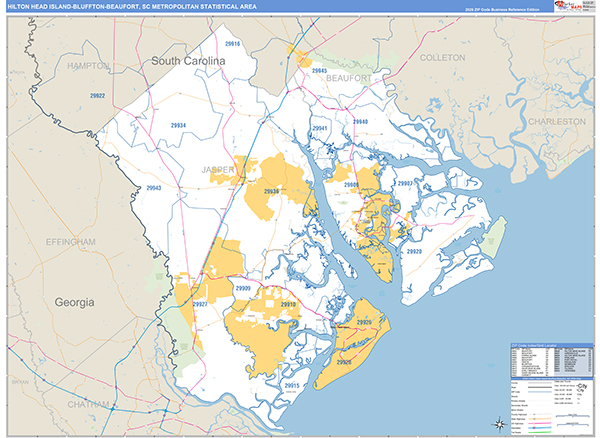 Hilton Head Island-Bluffton-Beaufort Metro Area Wall Map Basic Style